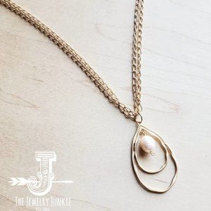 Matte Gold Long Necklace w/Double Hoop Pearl Pendant